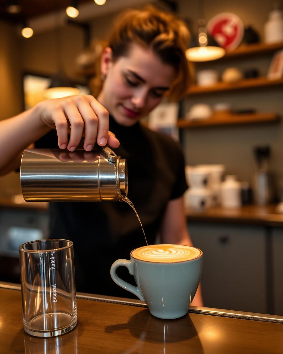 Barista pouring latte art at One Line café