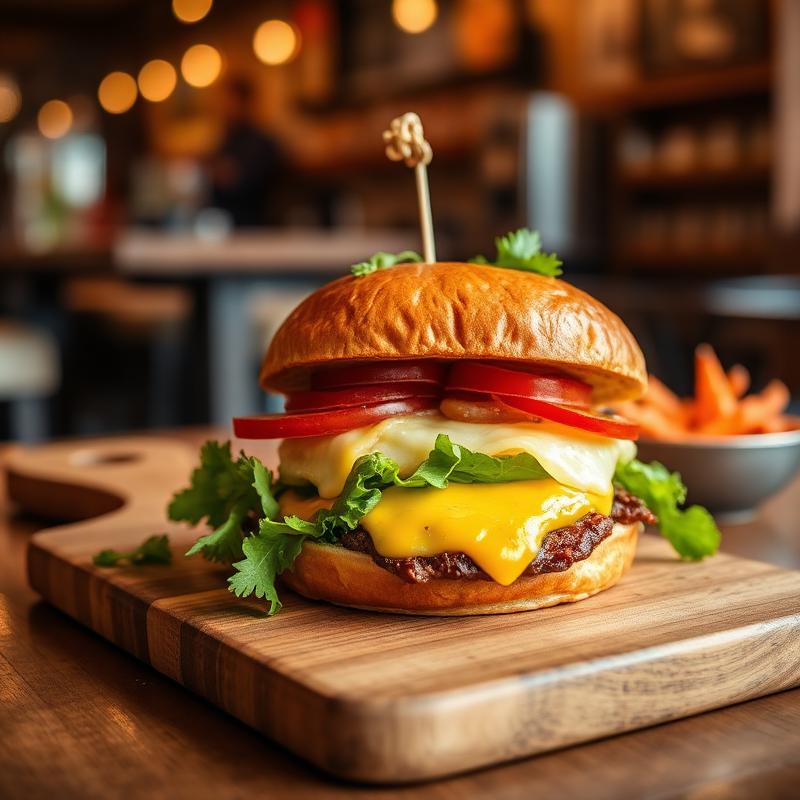 Gourmet cheeseburger on a wooden board