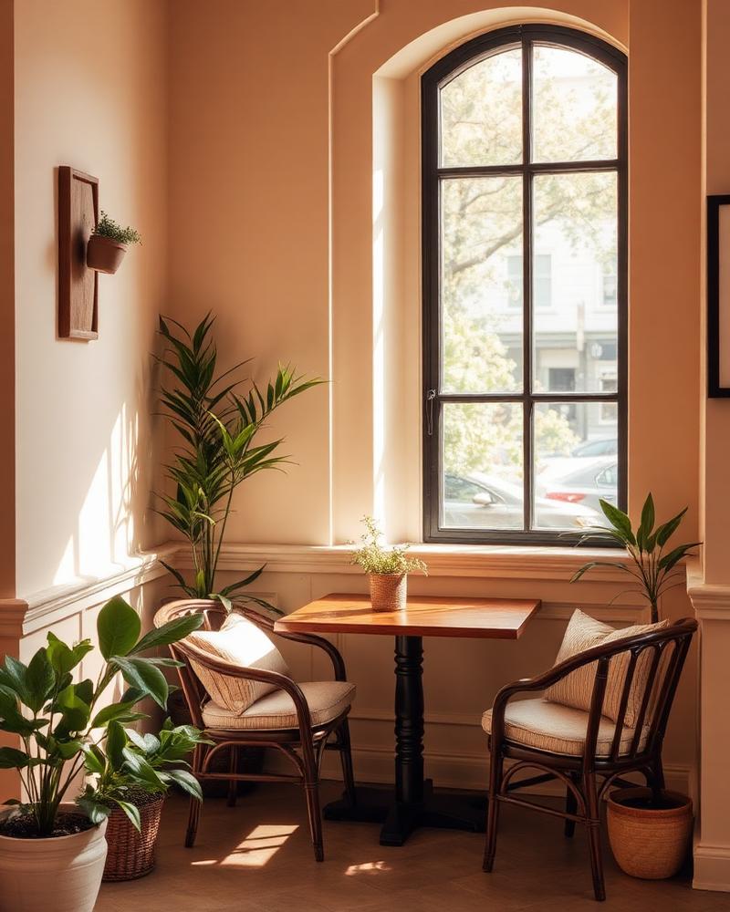 Cozy sunlit seating corner with plants at One Line café