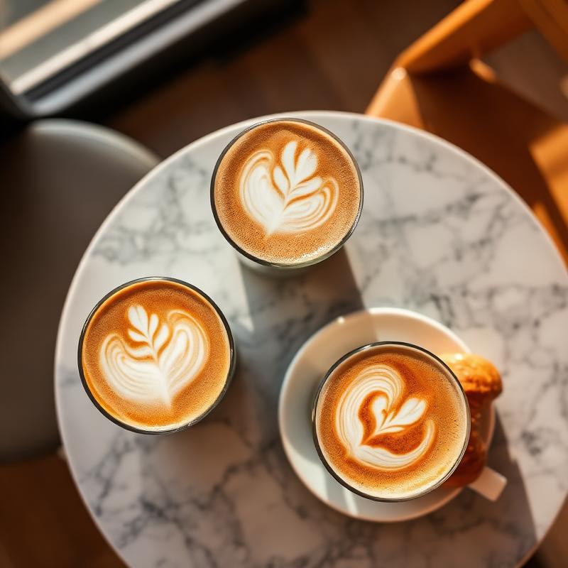 Cappuccinos with latte art on a marble table