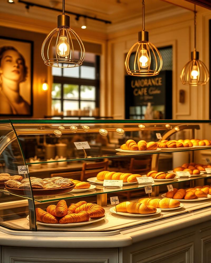 Pastry display counter with fresh cakes and croissants